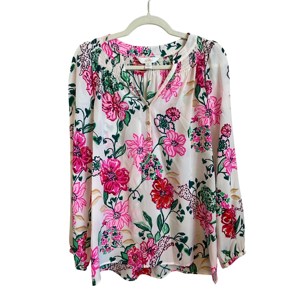 Lilly Pulitzer Pink Floral Leopard Elsa 100% Silk Smocked Blouse 000657 M